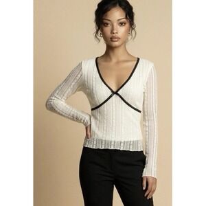 Thirty Thirty LA Womens Lace V-Neck Long Sleeve Top Cream Black Trim Babydoll S